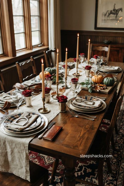 Equestrian stirrup napkin rings on Ralph Lauren Thanksgiving table with plaid china and linen 