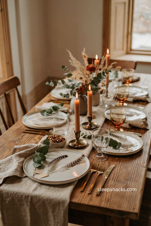 Eucalyptus and feather Thanksgiving place setting 