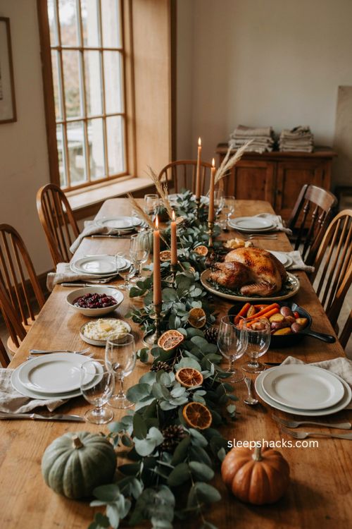 Eucalyptus garland Thanksgiving table with dried orange slices pinecones and low centerpiece 