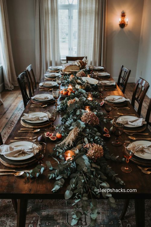 Eucalyptus table runner Thanksgiving tablescape with votive candles silvery greenery and moody fall decor 