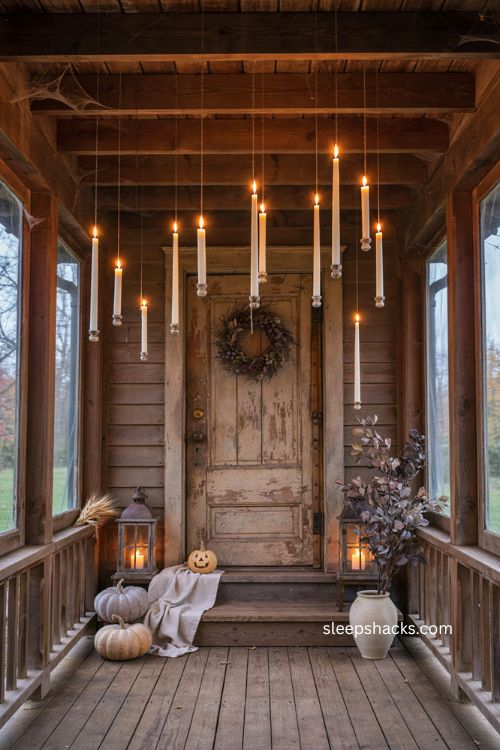 Even floating candles with balanced fishing line for intentional Halloween porch decor 