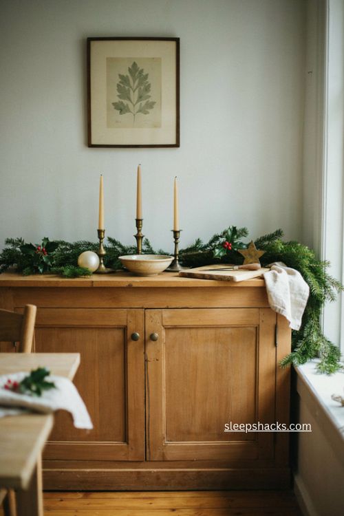 Evergreen and holly Christmas sideboard decor with natural greenery