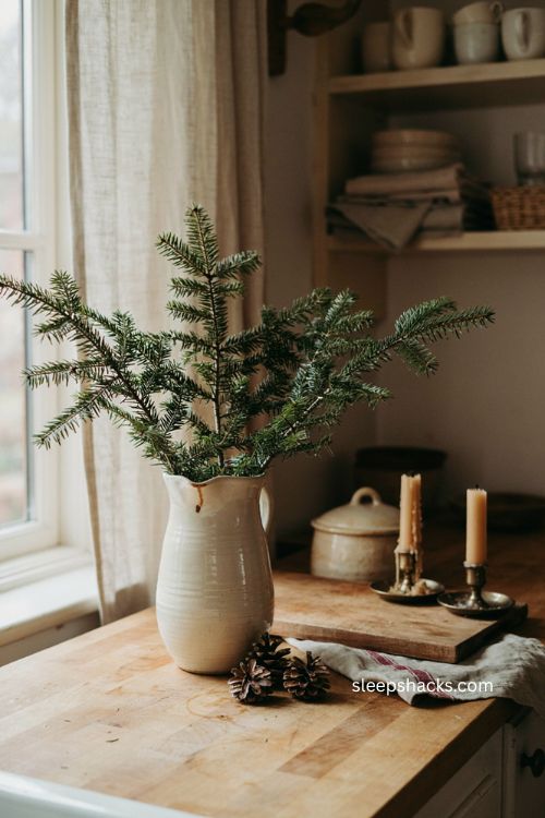Evergreen branches in a tall vase on a cozy Christmas kitchen counter 