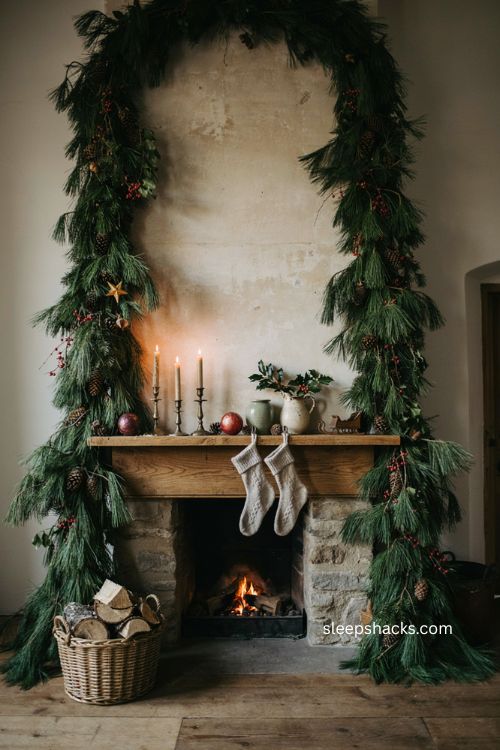 Evergreen garland chimney Christmas decor framing a cozy fireplace