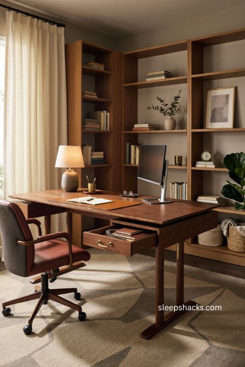 Executive standing desk with drawers and warm walnut home office design 