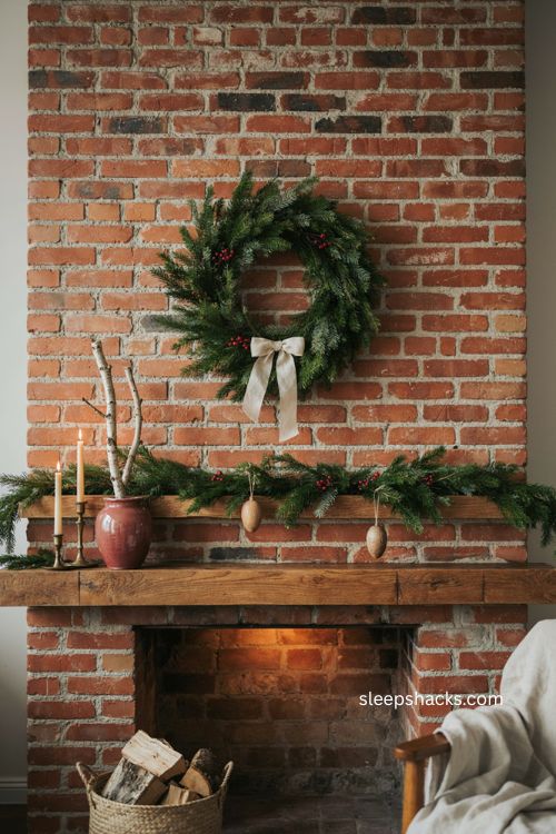 Exposed brick chimney Christmas decor with evergreen wreath and red berries