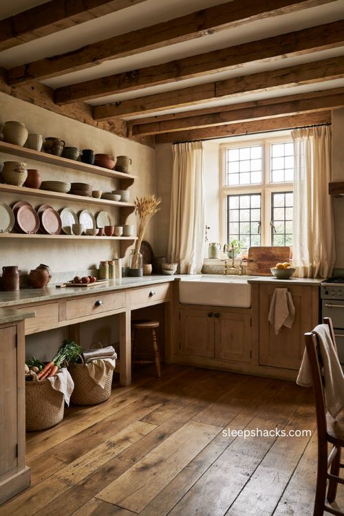 Exposed wooden beams with farmhouse sink and open shelving in a rustic kitchen 