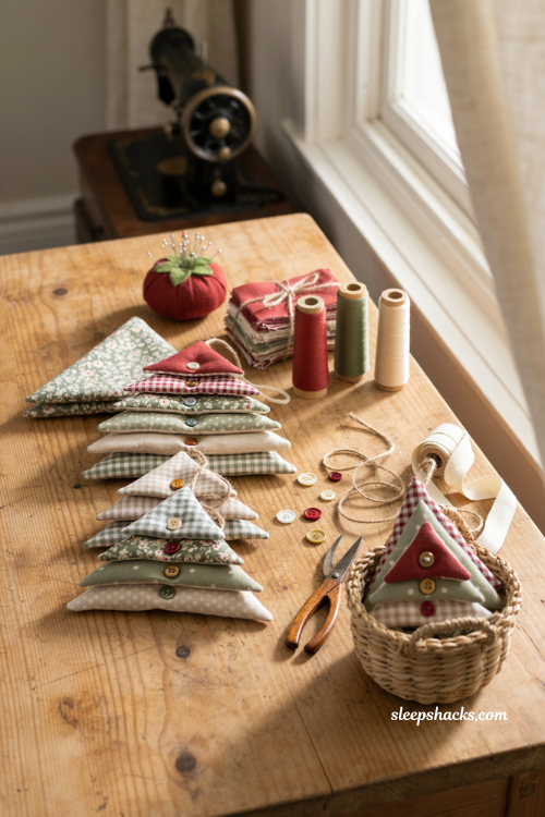 Fabric Christmas tree ornaments made from scraps and buttons 
