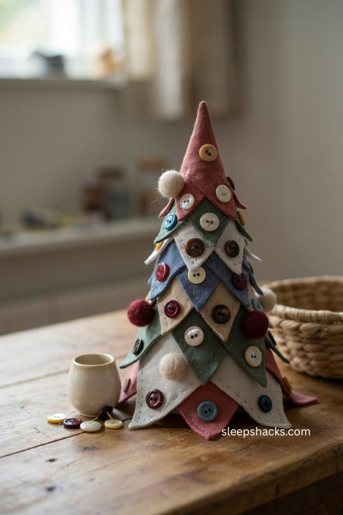 Fabric christmas tree diy decorated with vintage buttons and felt pom poms