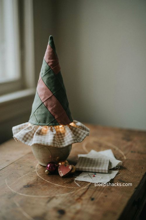 Fabric christmas tree diy with tiny gingham tree skirt and lights