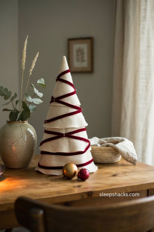 Fabric christmas tree diy with velvet ribbon trim and felt layers