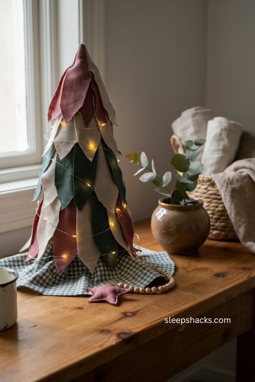 Fabric christmas tree diy with warm white mini lights and tree skirt