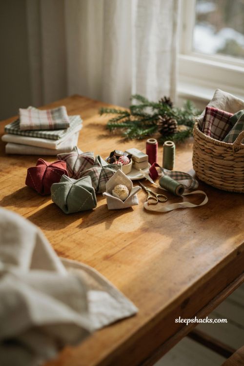 Fabric origami gift pouch Christmas sewing ideas for reusable gift wrapping 