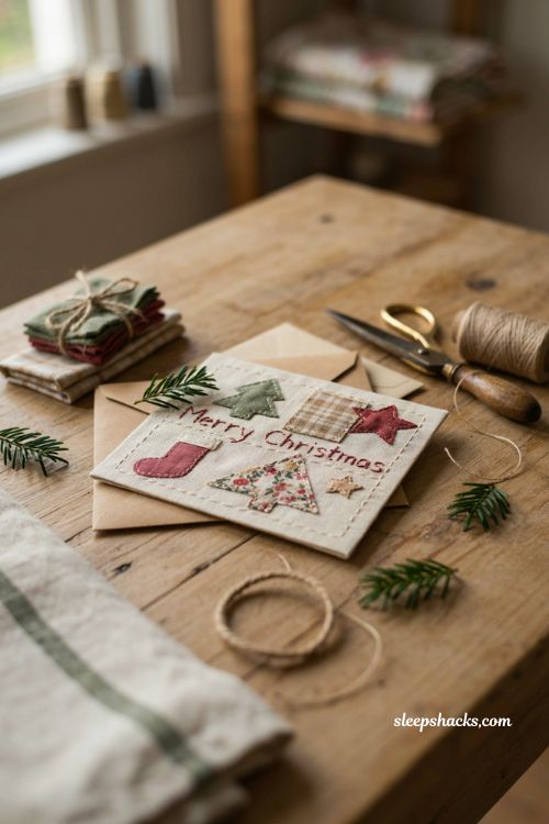 Fabric scrap patchwork Christmas card ideas with cozy handmade details
