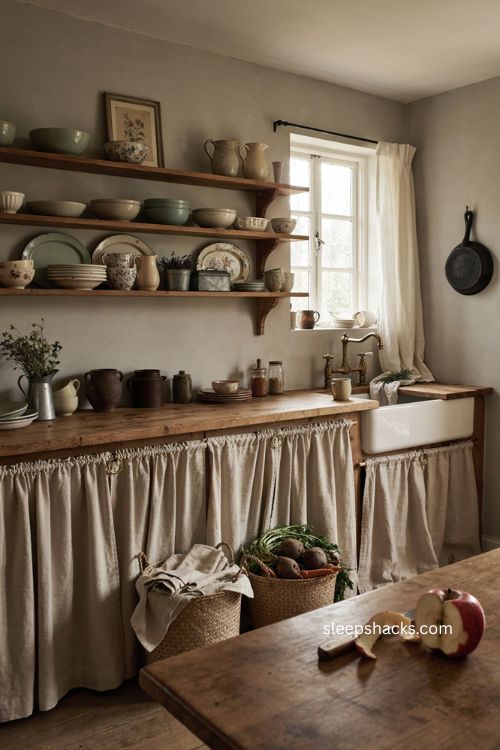 Fabric skirted cabinets with vintage details in a cozy rustic cottage kitchen 