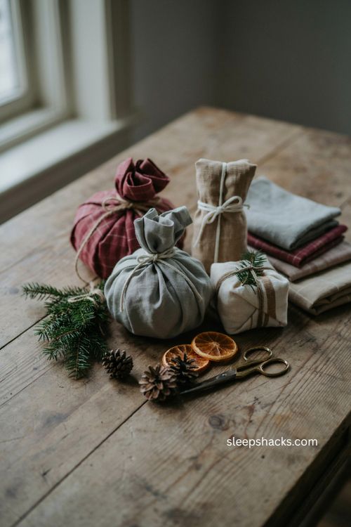 Fabric wrapped bulky Christmas gifts with linen ribbon and rustic greenery 