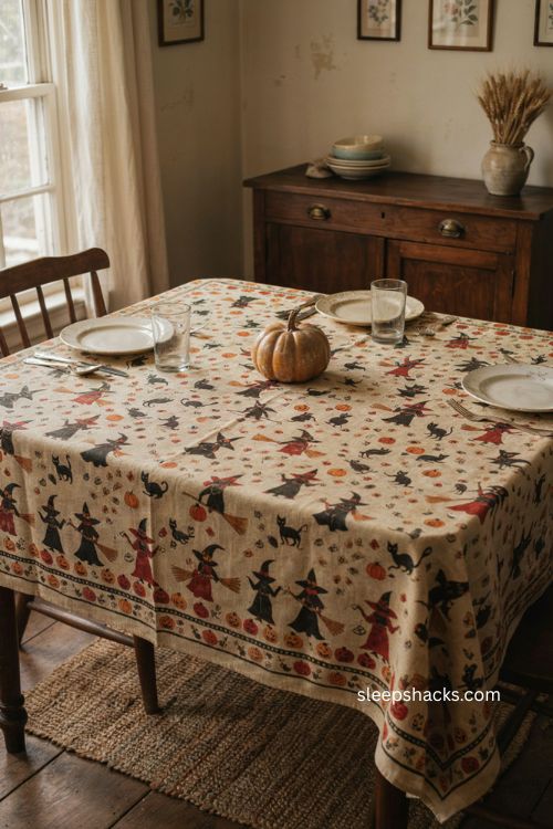 Faded 1960s Halloween tablecloth with vintage farmhouse dining decor 