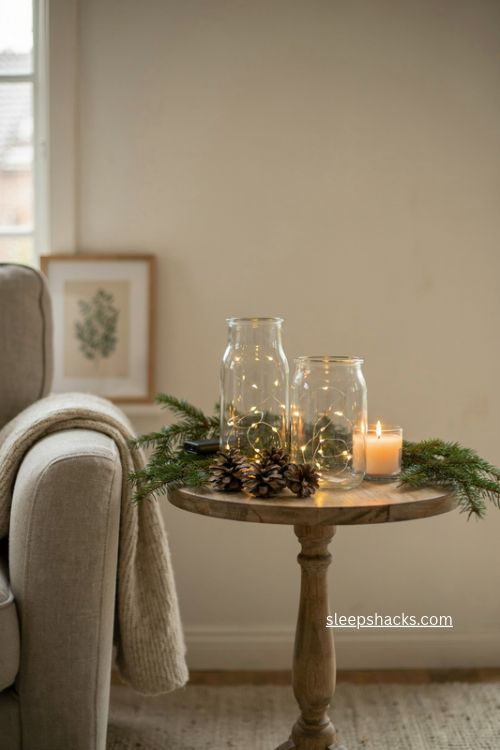 Fairy light christmas end table decor with glass jars greenery and pinecones 