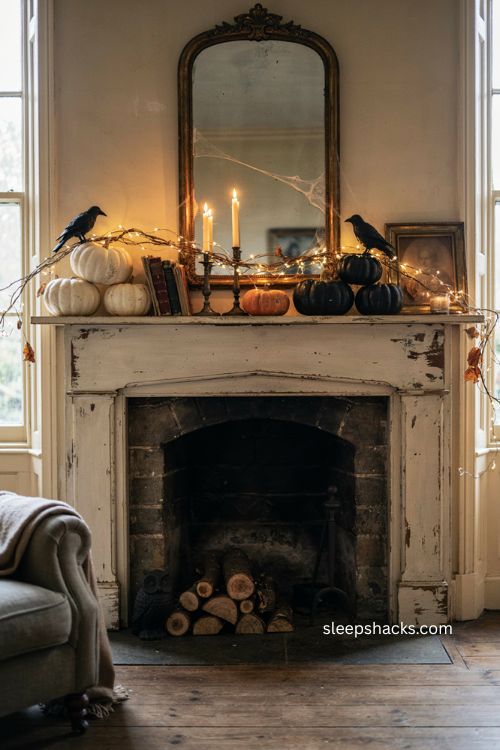 Fairy lights woven through branches for a magical Halloween mantle 