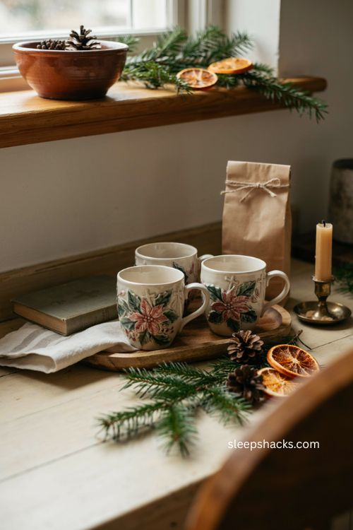 Faith based Christmas mugs with holly poinsettias devotional book and coffee gift set 