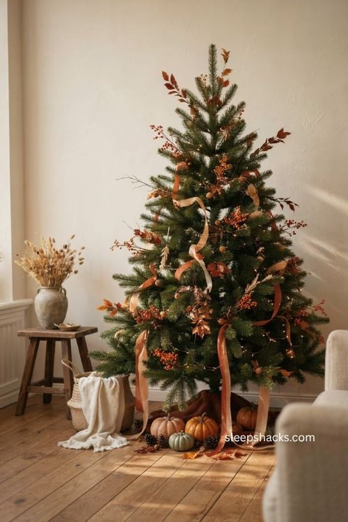 Fall Christmas tree filled with autumn florals berries wheat and leaf sprigs 