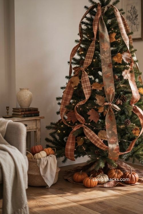 Fall Christmas tree with layered plaid and leaf print ribbons and autumn decor 
