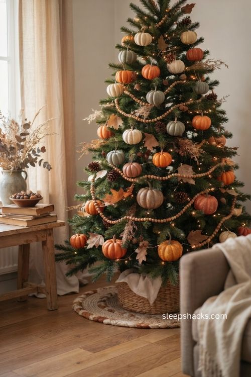 Fall Christmas tree with mini pumpkins and gourds tucked into branches 