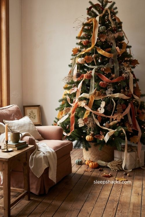 Fall Christmas tree with pumpkins ribbon and warm amber lights in cozy living room 