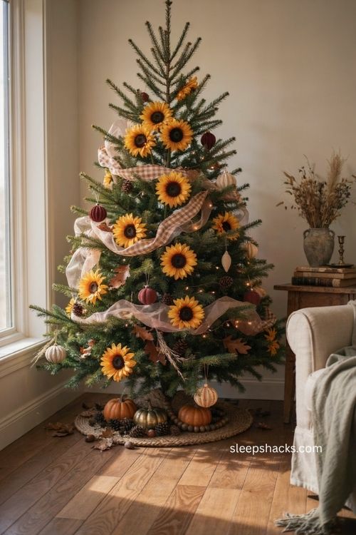 Fall Christmas tree with sunflowers checkered ribbon and cozy harvest decor 