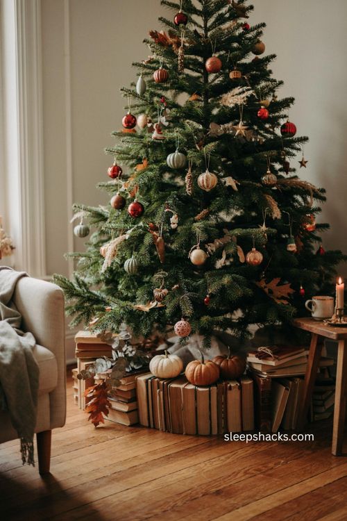 Fall Christmas tree with vintage books and pumpkins at the base