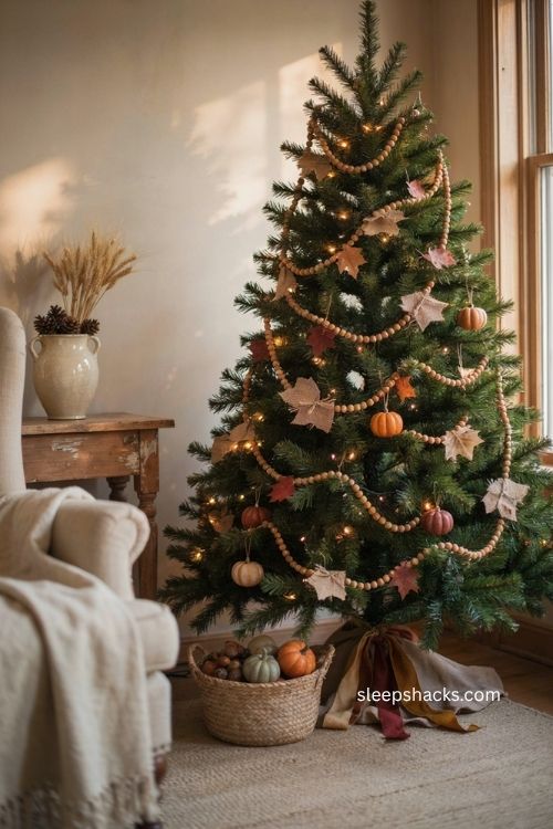 Fall Christmas tree with wood bead garland and burlap leaves for farmhouse decor 