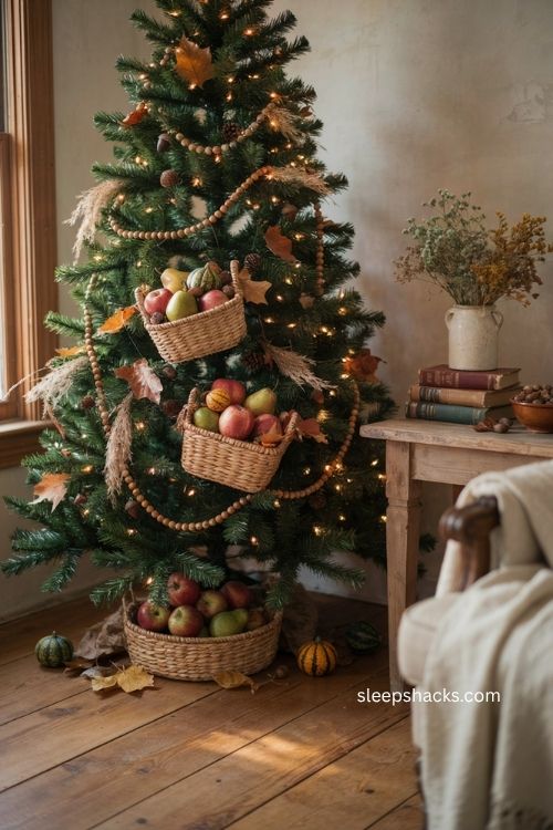 Fall Christmas tree with woven baskets filled with apples pears and gourds 