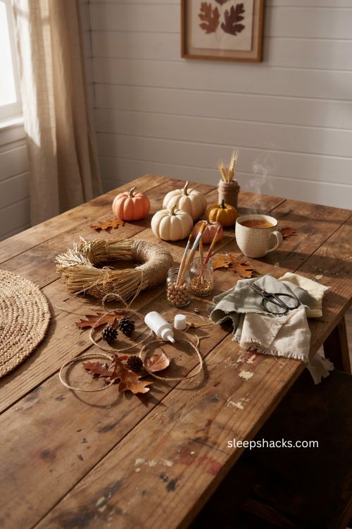Fall DIY crafts for adults with pumpkins dried leaves twine and cozy autumn crafting supplies 