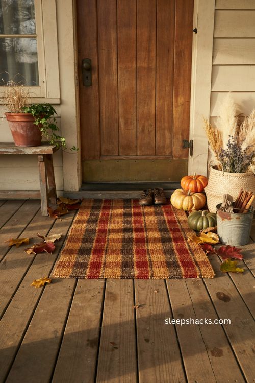 Fall Thanksgiving doormat with warm plaid colors and cozy porch decor 