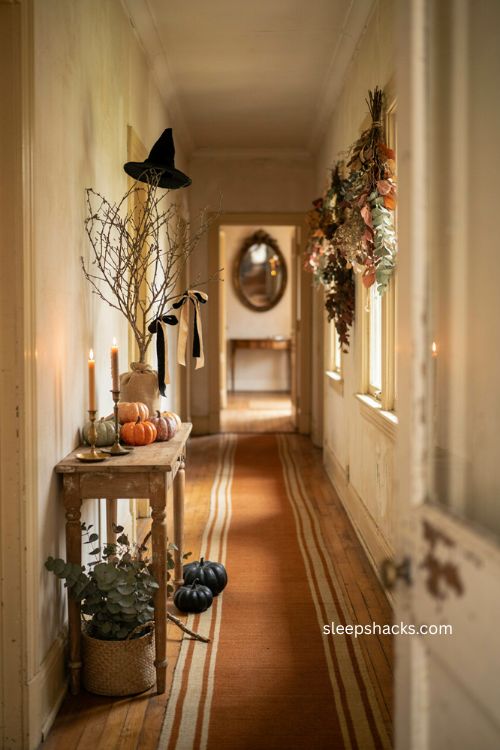 Fall hallway decor with gothic accents vintage ribbon eucalyptus and witch hat 