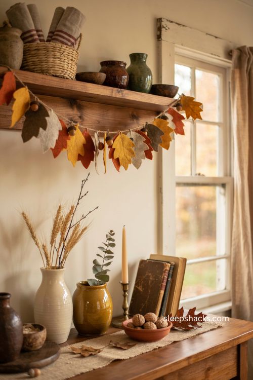Fall leaf and acorn felt garland on a rustic Thanksgiving mantel with warm harvest colors
