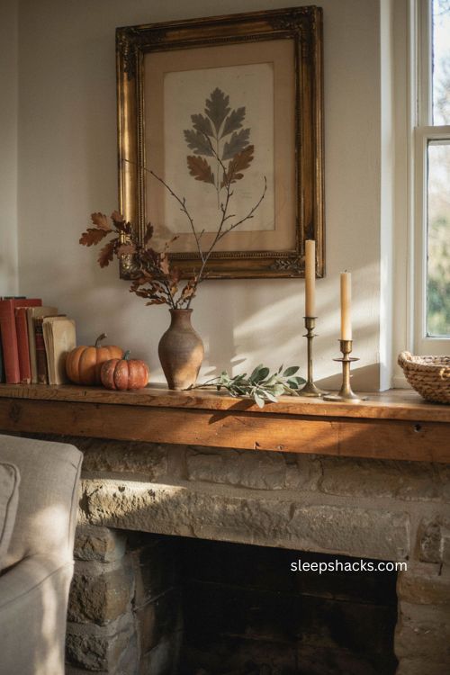 Fall mantle ideas with cozy layered decor dried leaves pumpkins and candles 