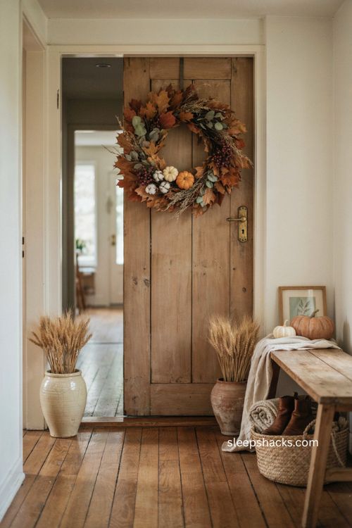 Fall thanksgiving wreath with dried leaves pumpkins and timeless rustic entryway decor