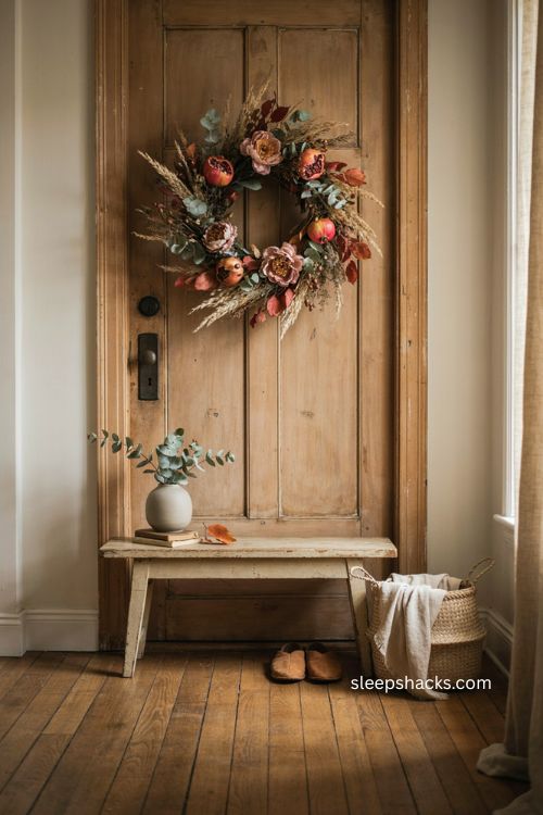 Fall thanksgiving wreath with pomegranates lilac peonies and rustic entryway decor 