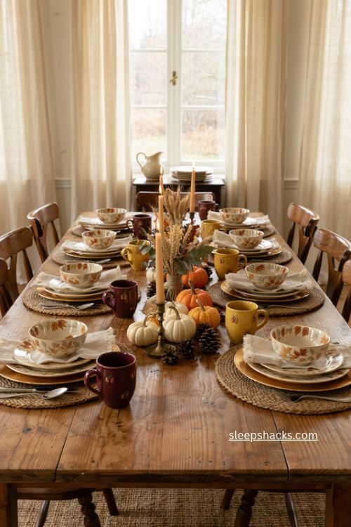 Fall themed ceramic dinnerware layered Thanksgiving table setting 