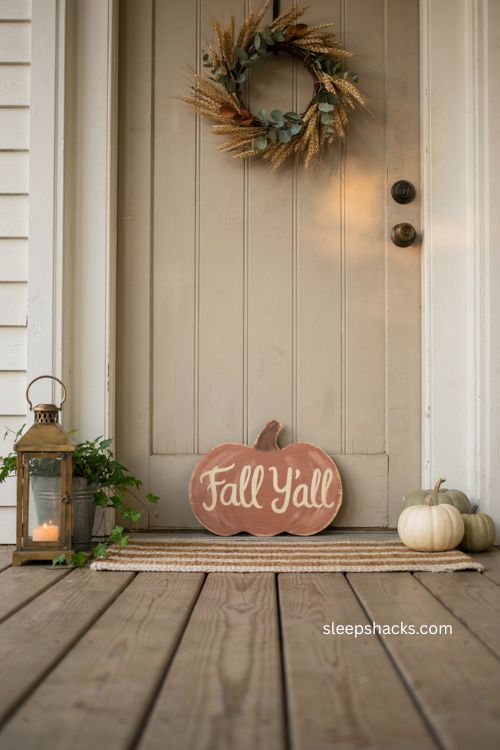 Fall yall wooden cutout sign with hand painted lettering and cozy farmhouse porch decor 