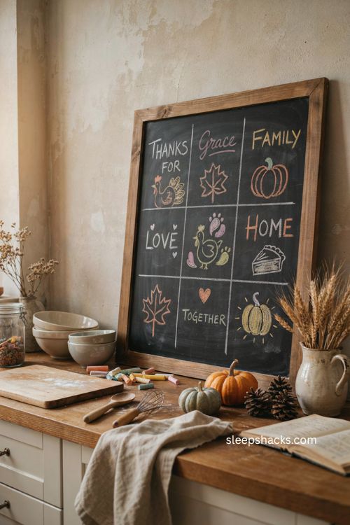 Family Thanksgiving chalkboard doodle collage with window pane sections and cozy farmhouse kitchen decor 