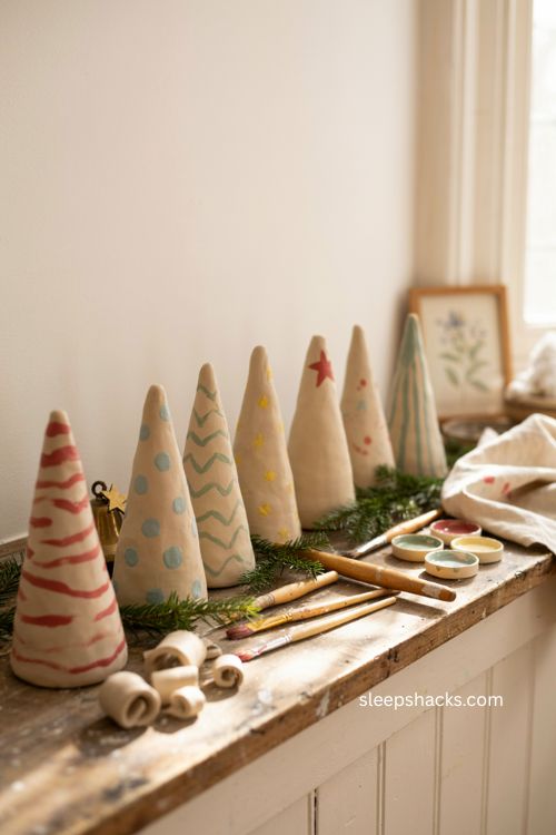 Family craft night pottery christmas trees with colorful handmade decorations on a windowsill