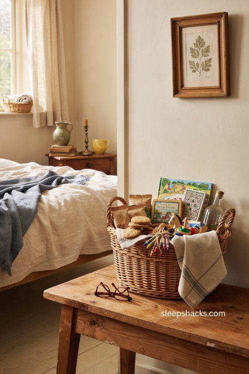 Family friendly guest room welcome basket with snacks toys and games 