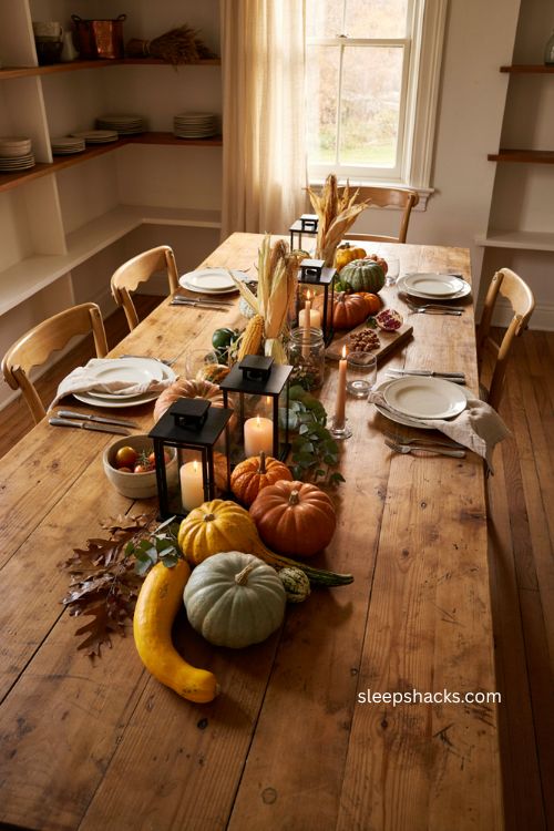 Farmer’s market Thanksgiving centerpiece with pumpkins gourds corn and black lanterns 