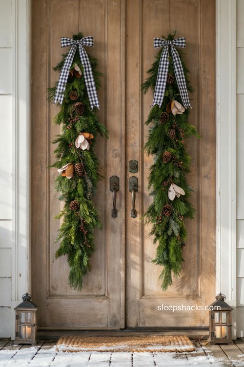 Farmhouse Christmas door with greenery swag and plaid ribbon 