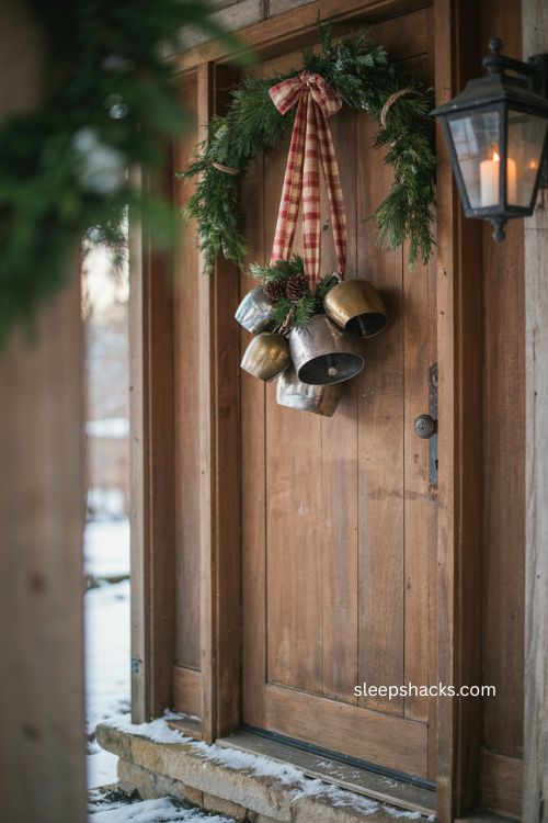 Farmhouse Christmas door with vintage sleigh bells and greenery 