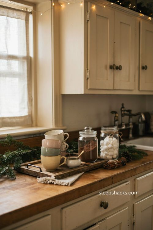 Farmhouse Christmas kitchen coffee and hot cocoa station with vintage mugs