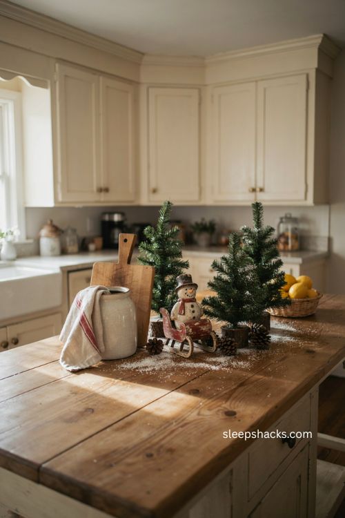 Farmhouse Christmas kitchen island with a vintage snowman and mini trees