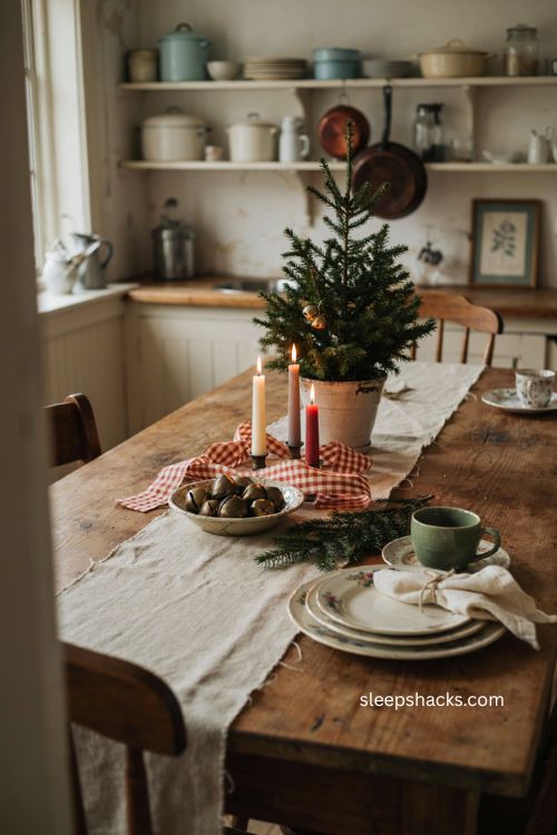 Farmhouse Christmas kitchen table centerpiece with mini tree candles and bells